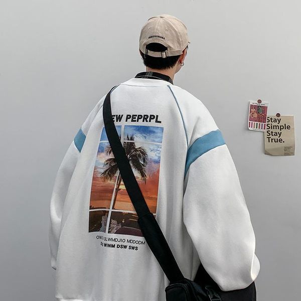 

men's hoodies sweatshirts style white sweater men's loose round neck print jacket long sleeve clothes loose-fitting plus size pull, Black