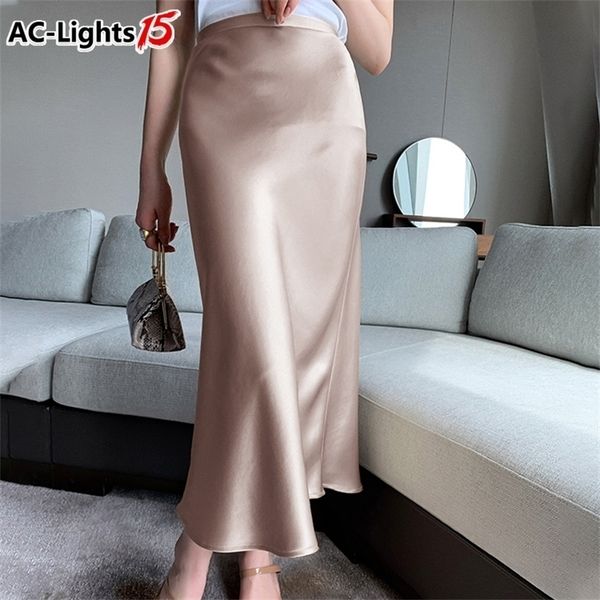 Mulheres High Waisted Saia Seda Silk S A-Linha Elegante S Verão Midi Midi Estilo Coreano Skirt Lápis 220401