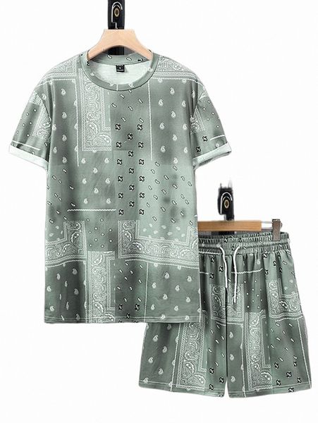 

men paisley print tee & drawstring waist shorts z4zq#, Gray