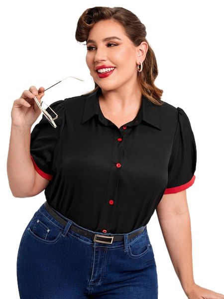 

plus button front puff sleeve shirt 339u#, Black