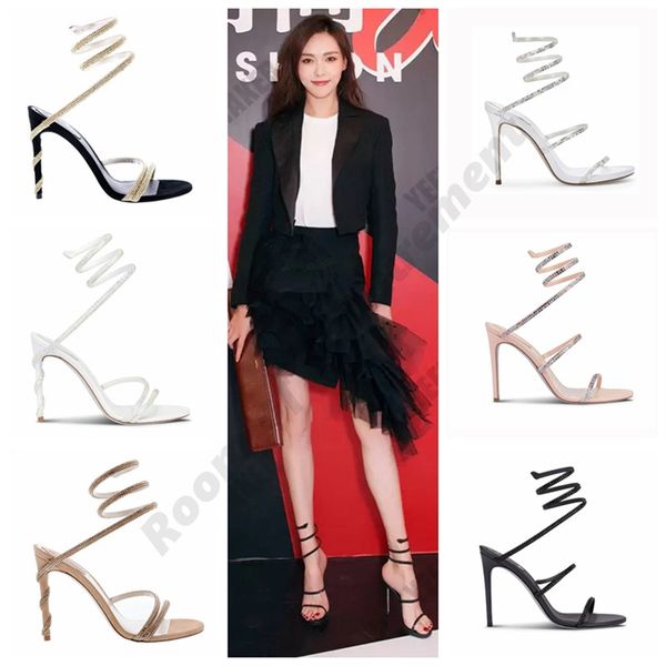

sandals margot jewel 2022 snake twining elegant sandal cleo stiletto high heel rene caovilla crystal gold rhinestone dress shoes silver, Black