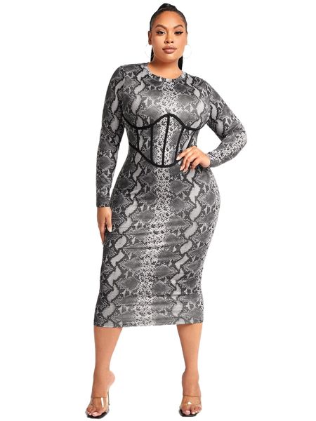 

sxy plus snakeskin print bodycon dress e6vv#, Black