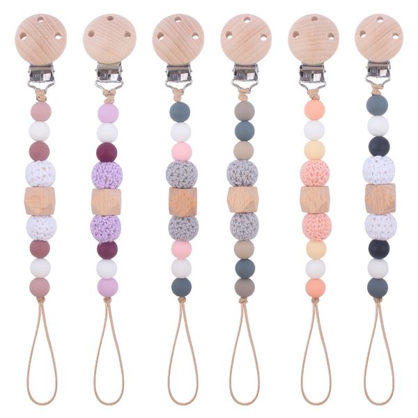 

safety wooden teether baby infant toddler dummy pacifier silicone soother nipple clip chain holder strap baby chew toy crochet balls 6 color