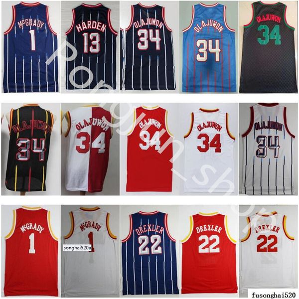 

retro vintage classic basketball jerseys men hakeem olajuwon 34 clyde drexler 22 tracy 1 mcgrady 13 harden jersey red whit jerseys, Black;red