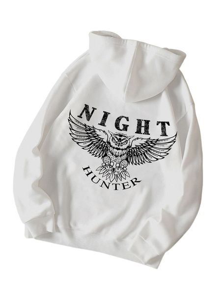 

eagle & letter graphic kangaroo pocket drawstring thermal hoodie n2sv#, Black