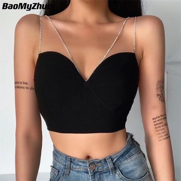 

summer deep v neck sleeveless crop women diamond strap camisole t shirt female casual backless tank 220519, White