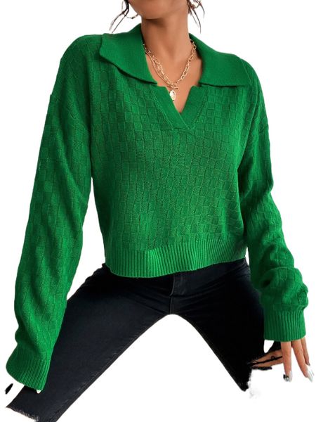 

collared textured knit drop shoulder sweater q534#, White;black