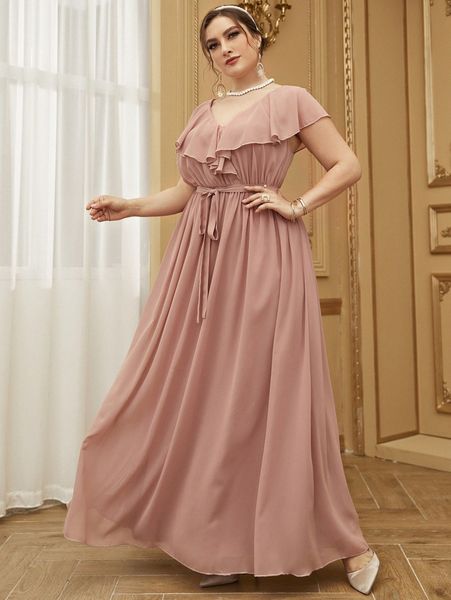 

plus ruffle trim lantern sleeve belted maxi formal dress 04jp#, Black