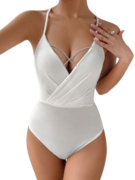 

rhinestone detail crisscross front lace-up back cami bodysuit 56bt#, White