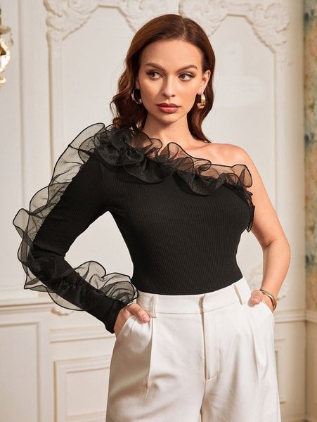 

one shoulder ruffle mesh trim t0be#, White