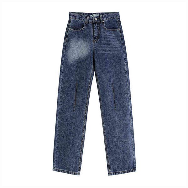 

spring and autumn new jeans female retro loose straight wide-leg pants design sense hole women's blue trousers casual all-match t220728