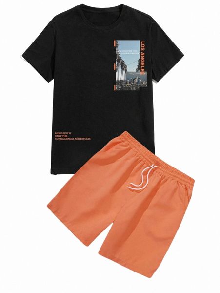 

men building & slogan graphic tee & drawstring waist shorts v8uv#, Gray