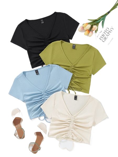 

4pcs solid drawstring tee d5ow#, White