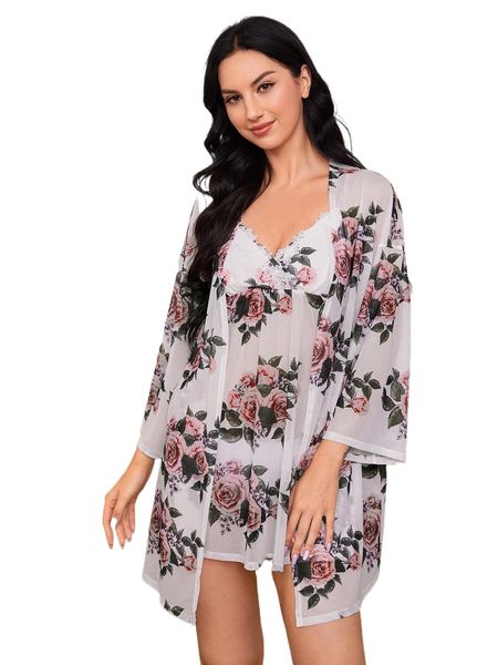 

floral print mesh robe & contrast lace cami dress pj set p8gw#, Black;red