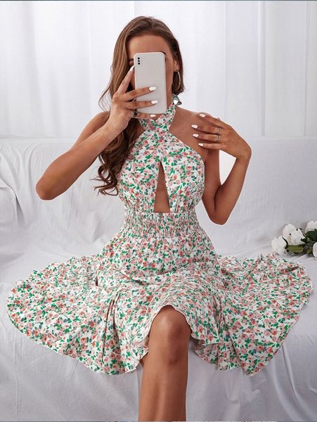 

floral peekaboo crossover shirred halter dress f74d#, Black;gray