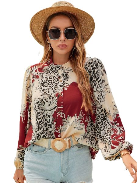 

leopard & scroll print lantern sleeve blouse l1cb#, White