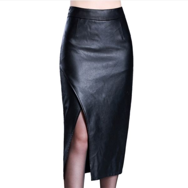 

pu leather skirts split pencil vintage bodycon long skirt plus size 4xl 220322, Black