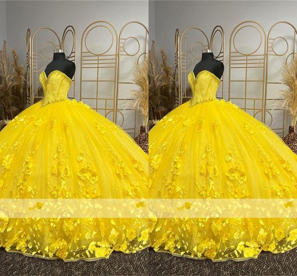 

2022 yellow 3d flowers applique quinceanera dresses pearls beaded sweetheart lace-up open back prom pageant sweet 16 dress ball gowns tulle, Blue;red