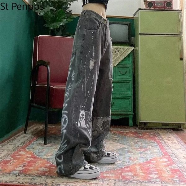 

women loose vintage female pants fashion femme harajuku baggy jeans casual funny gothic summer 220325, Black;white