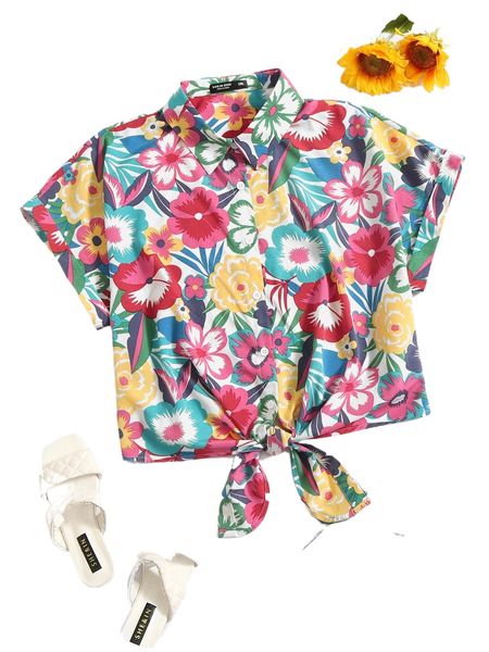 

plus allover floral print batwing sleeve knot hem blouse b7rc#, Black