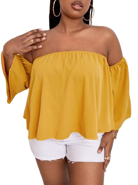 

sxy plus off shoulder solid blouse q36m#, Black