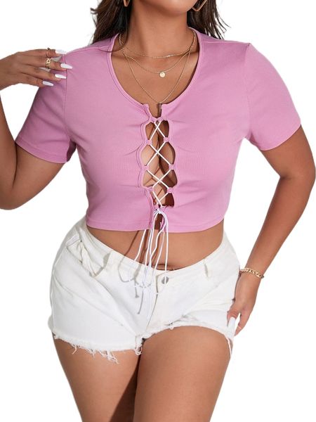

plus solid lace up rib knit crop tee c2j8#, Black