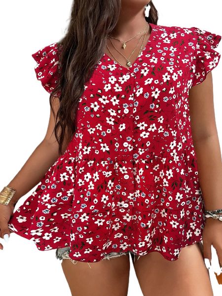 

plus ditsy floral print butterfly sleeve tiered layer peplum blouse o4jj#, Black