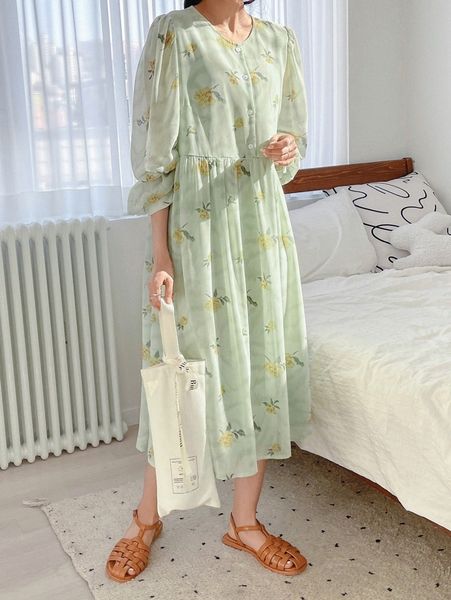 

dazy floral print button front bishop sleeve smock dress o8cq#, Black;gray