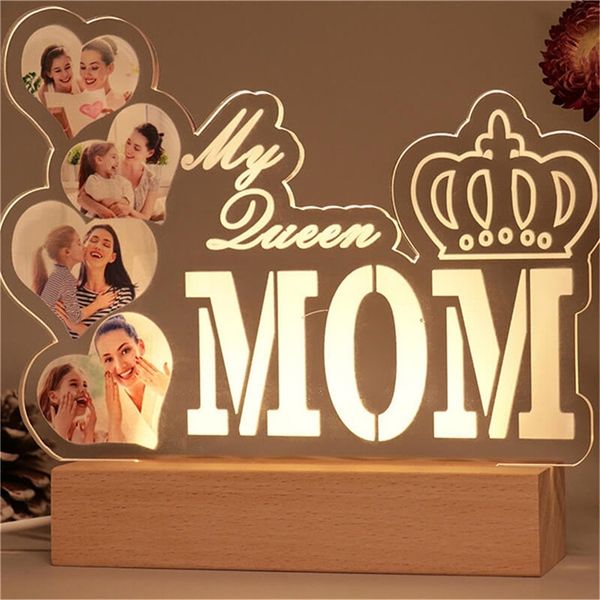 Lampada luminosa notturna 3D personalizzata 4 immagini con iscrizione My Queen Mom USB LAMPAGGIO LED per regalo per la festa della mamma 220623