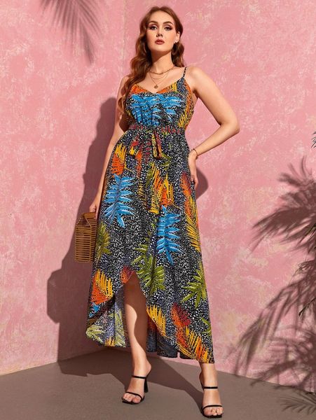 

plus tropical print wrap belted cami dress w1wg#, Black