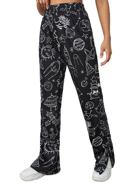 

cartoon graphic split hem pants f0yx#, Black;white