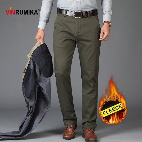 

winter men's business casual brand fleece thicken warm straight long trousers spring man cotton classic black work pants 201130
