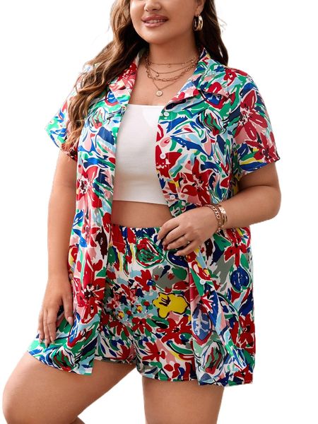 

plus graphic button through blouse & shorts u4ll#, Black