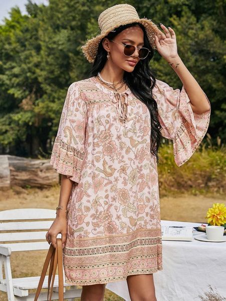 

floral tie neck flounce sleeve tunic dress 29bz#, Black;gray