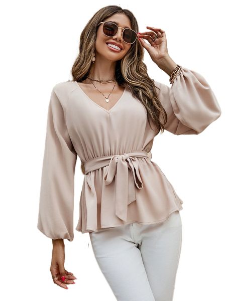 

lantern sleeve belted peplum blouse s4sq#, White