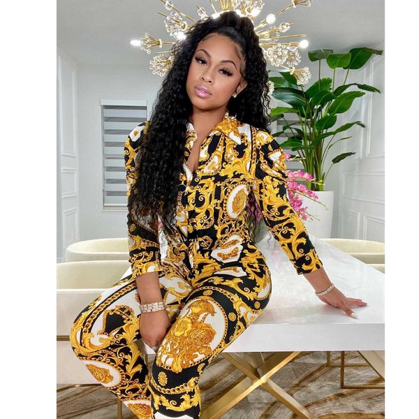 

female retro style pants long-sleeved lapel single-breasted blouse stretch printing casual 2-piece nightclub elegant suit, White