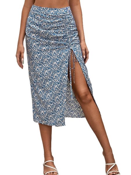 

ditsy floral drawstring split thigh skirt s2z2#, Black