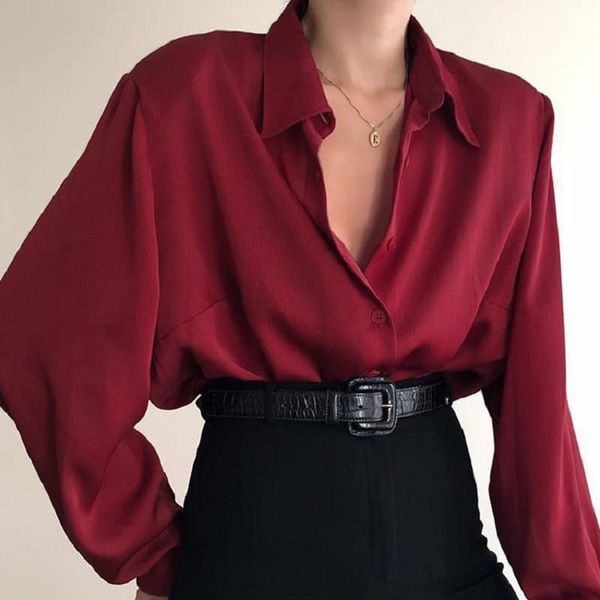 Женская мода -мода в моде Осень Женская Блузка Рубашка отвороты с длинным рукавом сплошные черные красные дамы для женских женских одежды для женщин