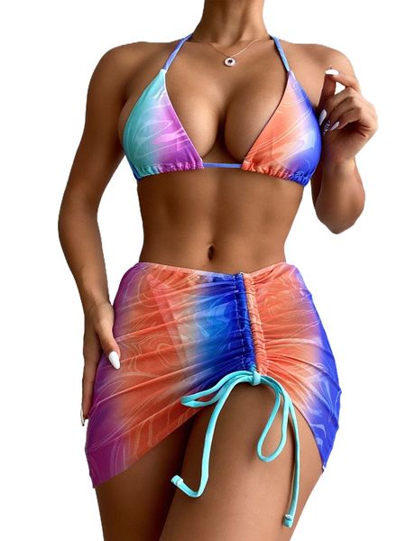 

allover print halter triangle bikini swimsuit with beach skirt e0bs#, White;black