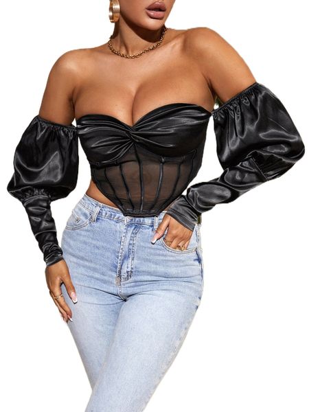

sxy off shoulder mesh panel gigot sleeve satin l5c5#, White