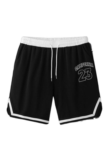 

men letter graphic contrast trim drawstring waist shorts l0pc#, White;black