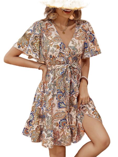 

allover paisley print surplice neck butterfly sleeve dress n1vx#, Black;gray