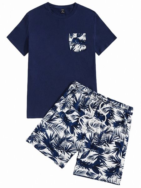 

men tropical print patched pocket tee & drawstring waist shorts l0ml#, Gray