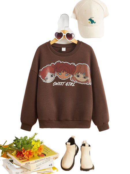 

girls figure & letter graphic drop shoulder sweatshirt 464f#, Black;white