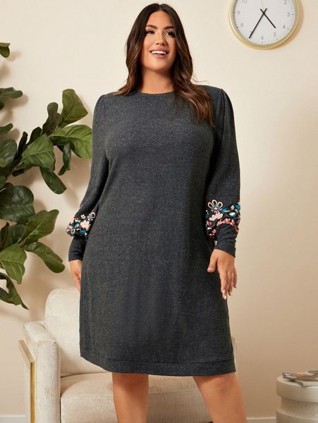 

plus floral print rib-knit dress z4s8#, Black