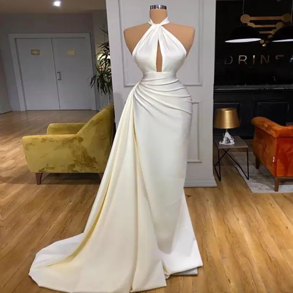 

ivory evening dresses mermaid halter satin mermaid sweep train sleeveless ruched pleats prom ball gown formal occasion wear vestidos 2022 de, Black;red