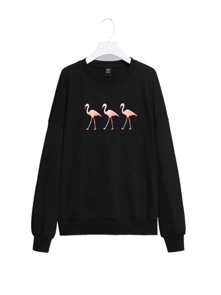 

x sn drop shoulder flamingo print pullover m7nn#, Black