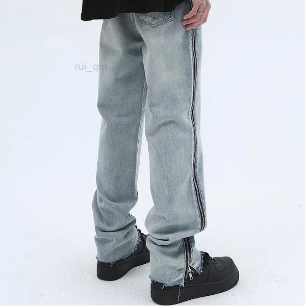 

mens zipper washed denim trousers straight casual hip hop loose jeans pants, Blue