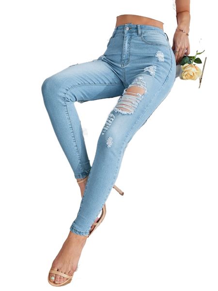 

high waist ripped skinny jeans k2m0#, Blue
