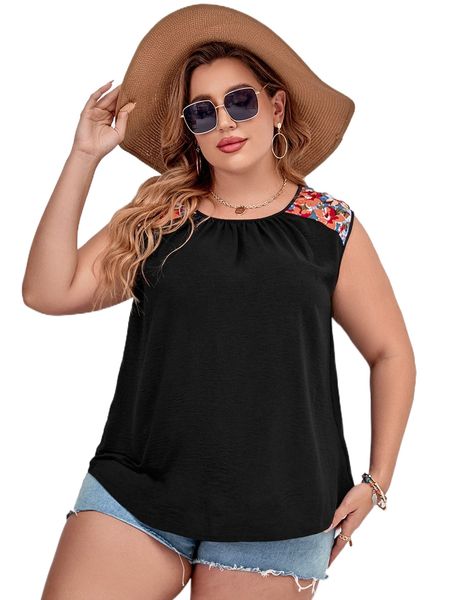 

plus floral panel ruched blouse f4pd#, Black